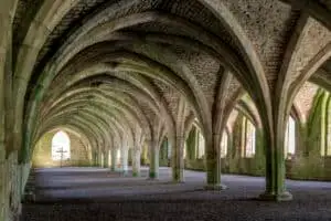 The vaulted Cellarium at Fountains Abbey near Ripon in North Yorkshire